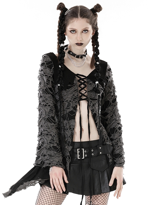 Gray Decadent Hole Woven Woven Front Cross Lace Spiked Round Neck Gothic Sexy Cardigan Shirt