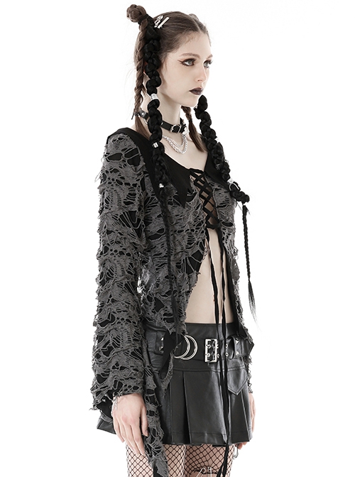Gray Decadent Hole Woven Woven Front Cross Lace Spiked Round Neck Gothic Sexy Cardigan Shirt