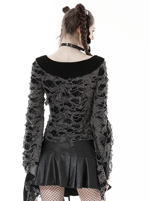 Gray Decadent Hole Woven Woven Front Cross Lace Spiked Round Neck Gothic Sexy Cardigan Shirt