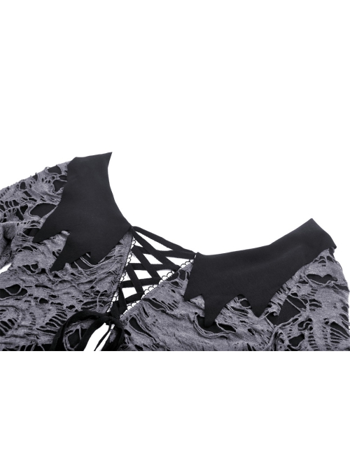 Gray Decadent Hole Woven Woven Front Cross Lace Spiked Round Neck Gothic Sexy Cardigan Shirt