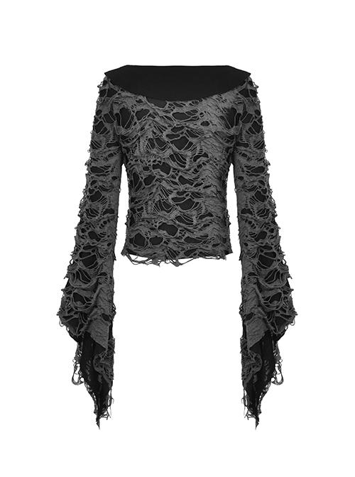 Gray Decadent Hole Woven Woven Front Cross Lace Spiked Round Neck Gothic Sexy Cardigan Shirt