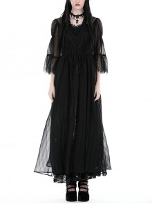 Sexy Black See Through Mesh Lace V Neck Gothic Style Long Coat