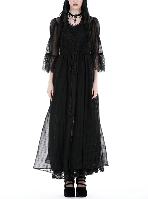 Sexy Black See Through Mesh Lace V Neck Gothic Style Long Coat