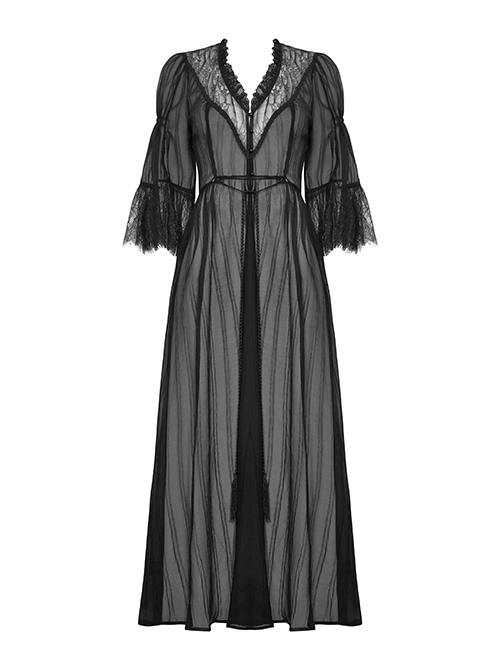 Sexy Black See Through Mesh Lace V Neck Gothic Style Long Coat