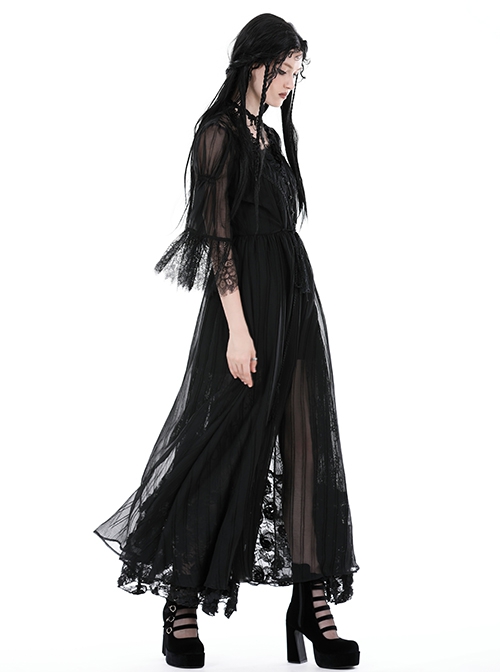 Sexy Black See Through Mesh Lace V Neck Gothic Style Long Coat