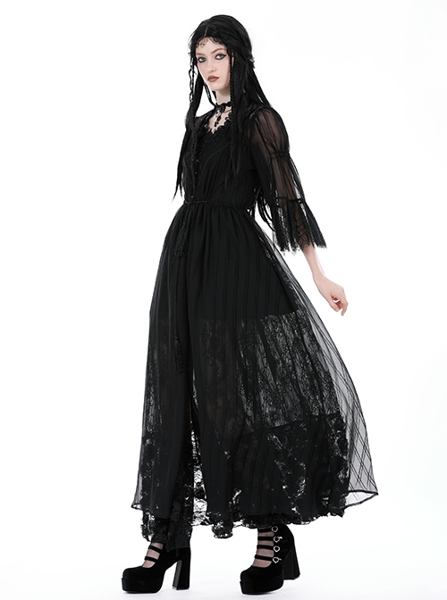 Sexy Black See Through Mesh Lace V Neck Gothic Style Long Coat