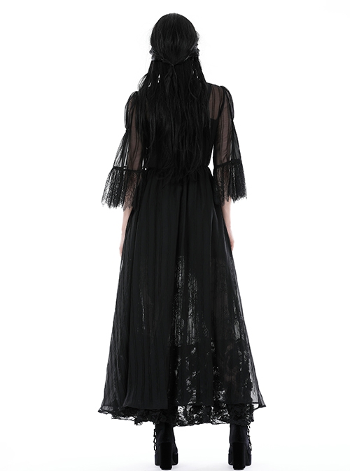 Sexy Black See Through Mesh Lace V Neck Gothic Style Long Coat