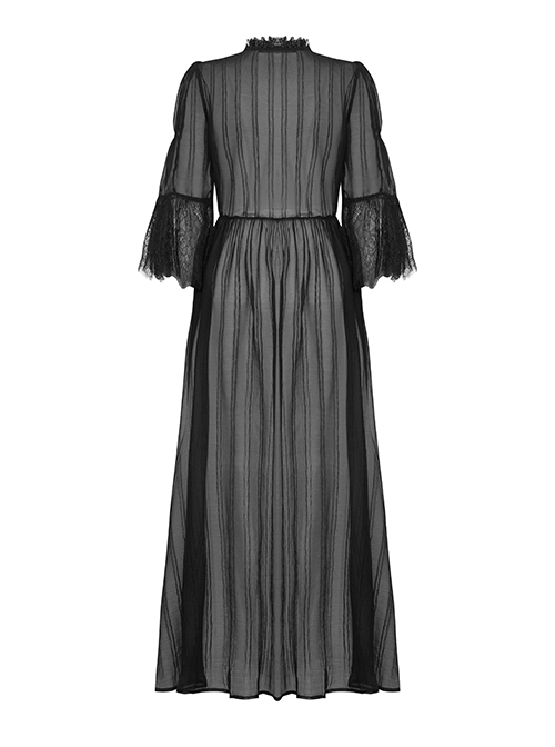 Sexy Black See Through Mesh Lace V Neck Gothic Style Long Coat