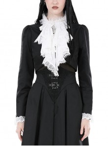 Simple Black Woven White Ruffled Silk Fake Collar Cross Decorated Gothic Style Long Sleeved Short Coat
