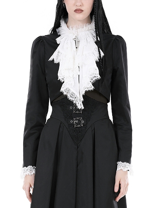 Simple Black Woven White Ruffled Silk Fake Collar Cross Decorated Gothic Style Long Sleeved Short Coat