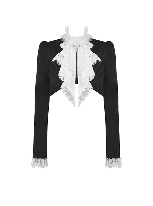 Simple Black Woven White Ruffled Silk Fake Collar Cross Decorated Gothic Style Long Sleeved Short Coat