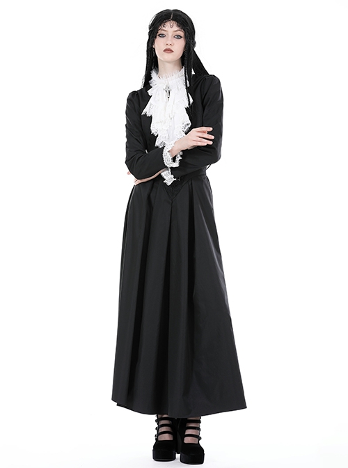 Simple Black Woven White Ruffled Silk Fake Collar Cross Decorated Gothic Style Long Sleeved Short Coat
