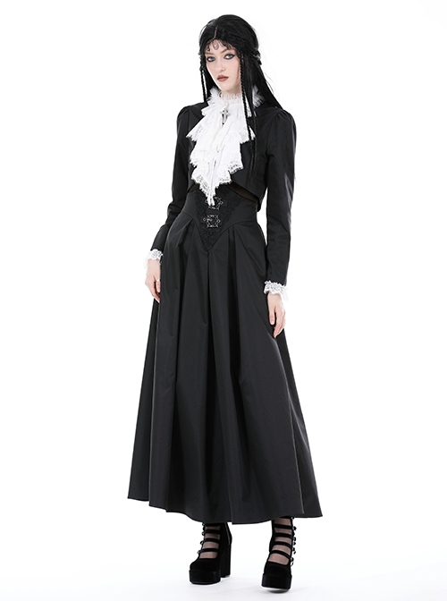 Simple Black Woven White Ruffled Silk Fake Collar Cross Decorated Gothic Style Long Sleeved Short Coat