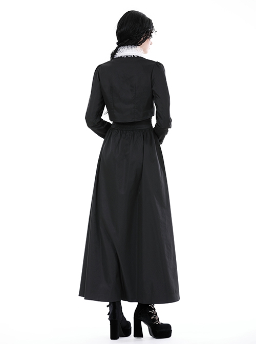 Simple Black Woven White Ruffled Silk Fake Collar Cross Decorated Gothic Style Long Sleeved Short Coat