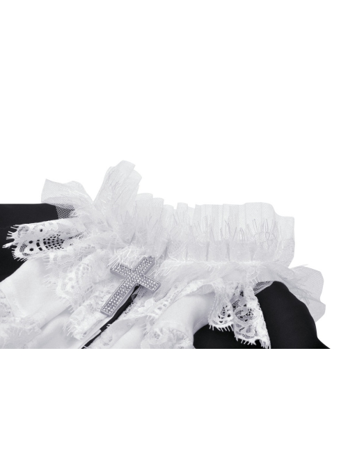 Simple Black Woven White Ruffled Silk Fake Collar Cross Decorated Gothic Style Long Sleeved Short Coat