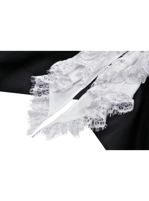 Simple Black Woven White Ruffled Silk Fake Collar Cross Decorated Gothic Style Long Sleeved Short Coat
