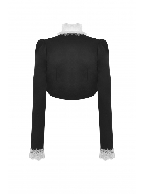 Simple Black Woven White Ruffled Silk Fake Collar Cross Decorated Gothic Style Long Sleeved Short Coat
