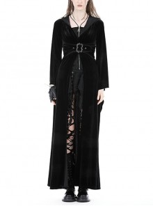 Black Comfortable Velvet Waist With Exquisite Japanese Button And Tie Back Rope Gothic Style Hooded Long Coat