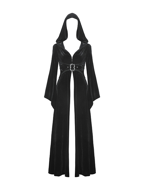 Black Comfortable Velvet Waist With Exquisite Japanese Button And Tie Back Rope Gothic Style Hooded Long Coat