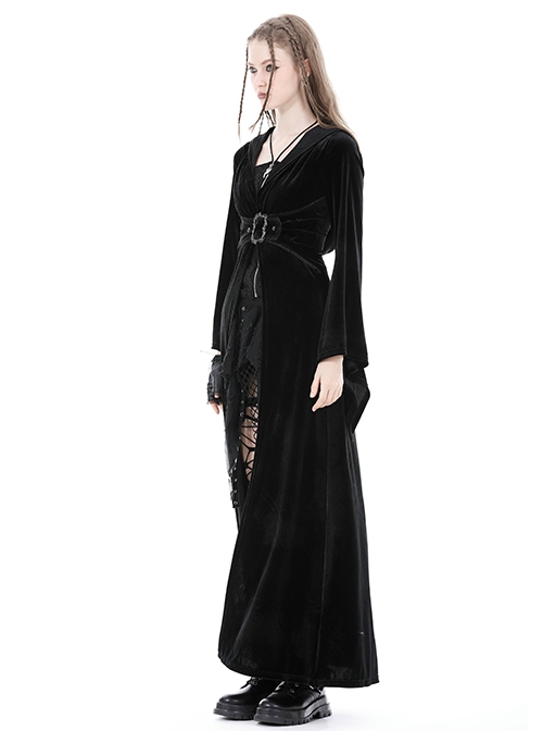 Black Comfortable Velvet Waist With Exquisite Japanese Button And Tie Back Rope Gothic Style Hooded Long Coat