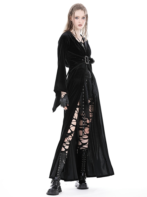 Black Comfortable Velvet Waist With Exquisite Japanese Button And Tie Back Rope Gothic Style Hooded Long Coat