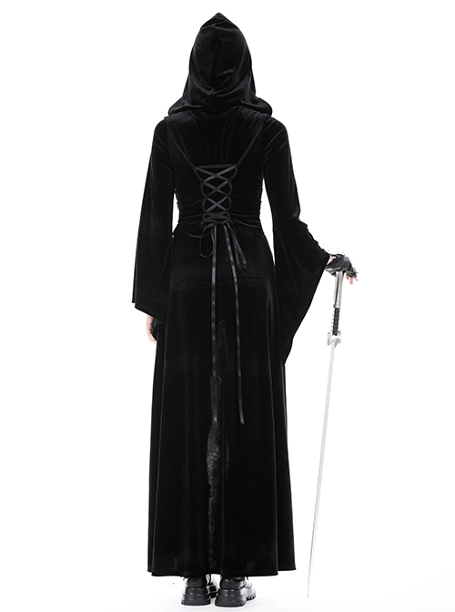 Black Comfortable Velvet Waist With Exquisite Japanese Button And Tie Back Rope Gothic Style Hooded Long Coat