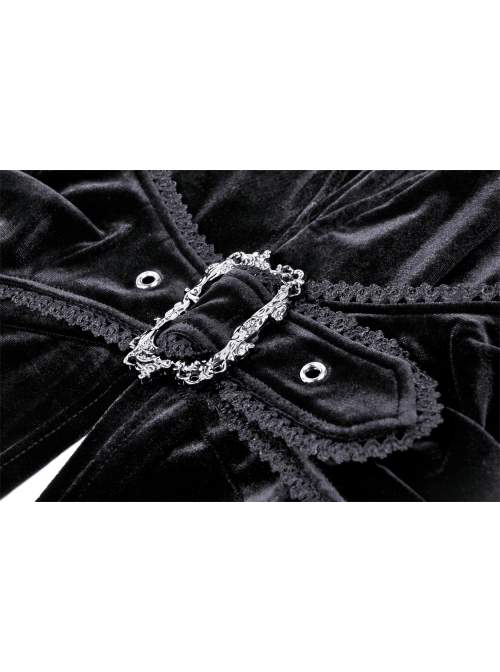 Black Comfortable Velvet Waist With Exquisite Japanese Button And Tie Back Rope Gothic Style Hooded Long Coat