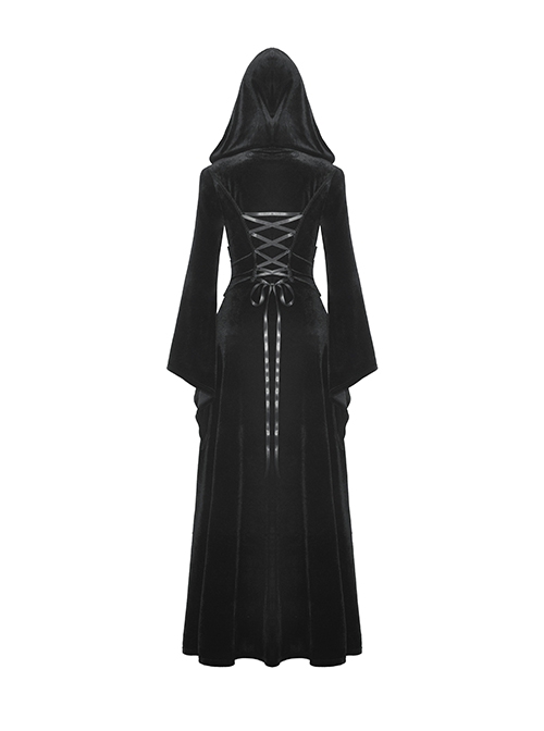 Black Comfortable Velvet Waist With Exquisite Japanese Button And Tie Back Rope Gothic Style Hooded Long Coat