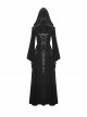 Black Comfortable Velvet Waist With Exquisite Japanese Button And Tie Back Rope Gothic Style Hooded Long Coat
