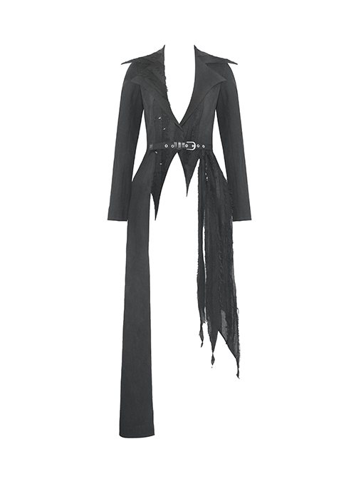 Personalized Black Lapel Irregular Tattered Hem Metal Eyelid Buckle Decoration Punk Style Long Sleeved Jacket