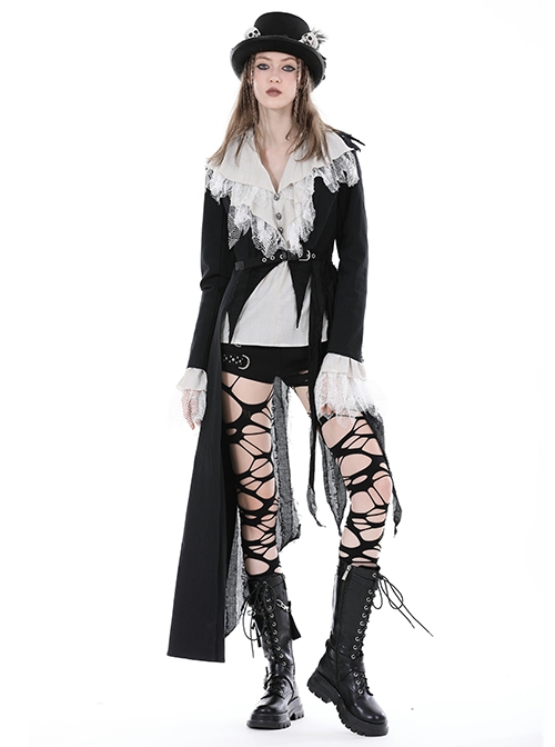 Personalized Black Lapel Irregular Tattered Hem Metal Eyelid Buckle Decoration Punk Style Long Sleeved Jacket