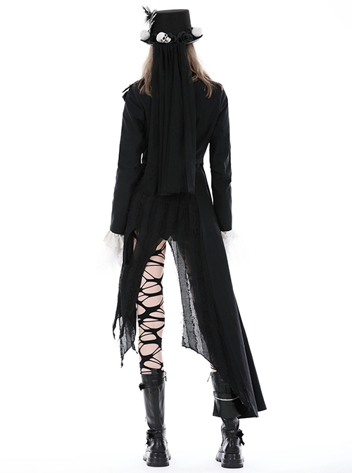 Personalized Black Lapel Irregular Tattered Hem Metal Eyelid Buckle Decoration Punk Style Long Sleeved Jacket