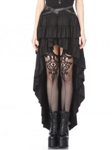Sexy Black Layered Pleated High Low Skirt With Metal Eyelet Belt Decoration At The Waist And Punk Style Skirt