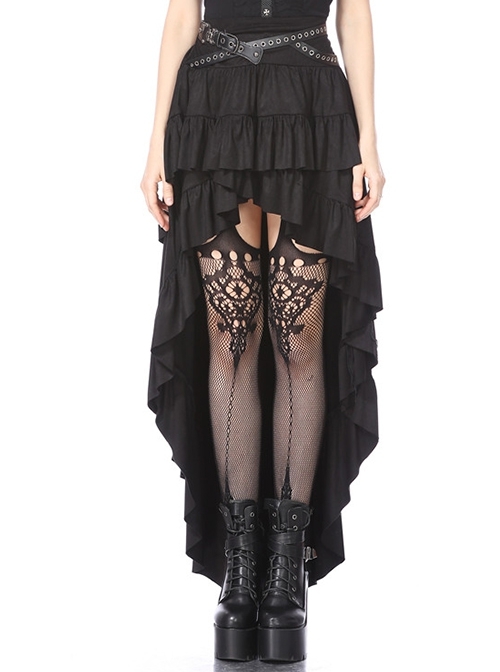 Sexy Black Layered Pleated High Low Skirt With Metal Eyelet Belt Decoration At The Waist And Punk Style Skirt