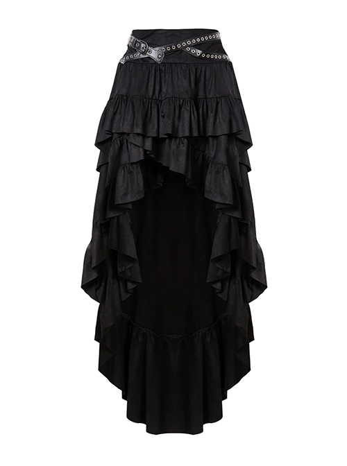 Sexy Black Layered Pleated High Low Skirt With Metal Eyelet Belt Decoration At The Waist And Punk Style Skirt