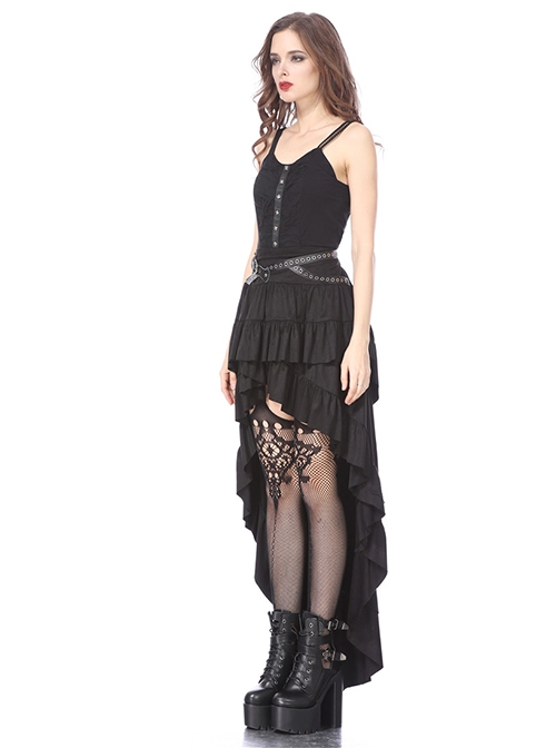 Sexy Black Layered Pleated High Low Skirt With Metal Eyelet Belt Decoration At The Waist And Punk Style Skirt