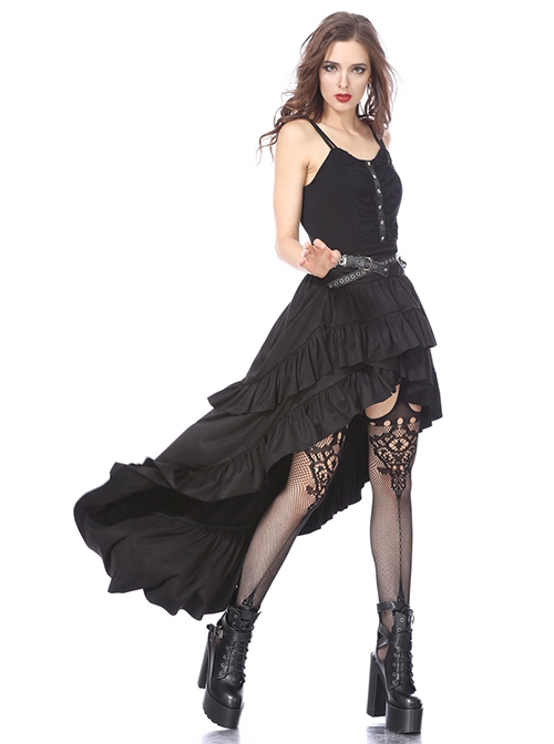 Sexy Black Layered Pleated High Low Skirt With Metal Eyelet Belt Decoration At The Waist And Punk Style Skirt