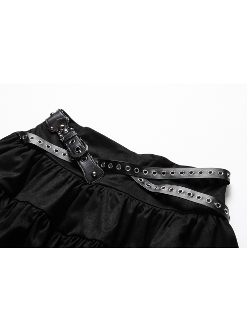 Sexy Black Layered Pleated High Low Skirt With Metal Eyelet Belt Decoration At The Waist And Punk Style Skirt