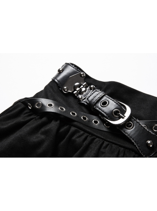Sexy Black Layered Pleated High Low Skirt With Metal Eyelet Belt Decoration At The Waist And Punk Style Skirt