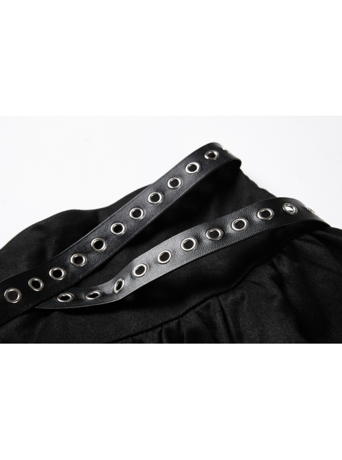 Sexy Black Layered Pleated High Low Skirt With Metal Eyelet Belt Decoration At The Waist And Punk Style Skirt