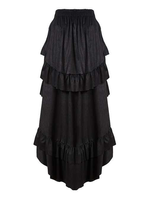 Sexy Black Layered Pleated High Low Skirt With Metal Eyelet Belt Decoration At The Waist And Punk Style Skirt