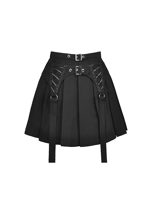 Black Woven Pleated Waist Double Breasted Metal Hoop Suspender Embellished Punk Style Rock Skirt