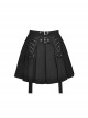 Black Woven Pleated Waist Double Breasted Metal Hoop Suspender Embellished Punk Style Rock Skirt