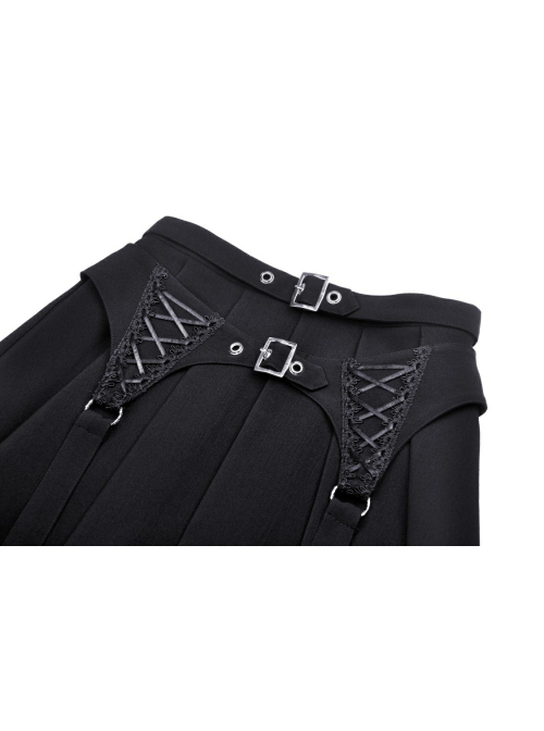 Black Woven Pleated Waist Double Breasted Metal Hoop Suspender Embellished Punk Style Rock Skirt