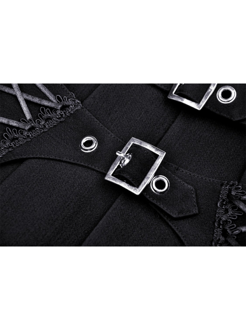 Black Woven Pleated Waist Double Breasted Metal Hoop Suspender Embellished Punk Style Rock Skirt