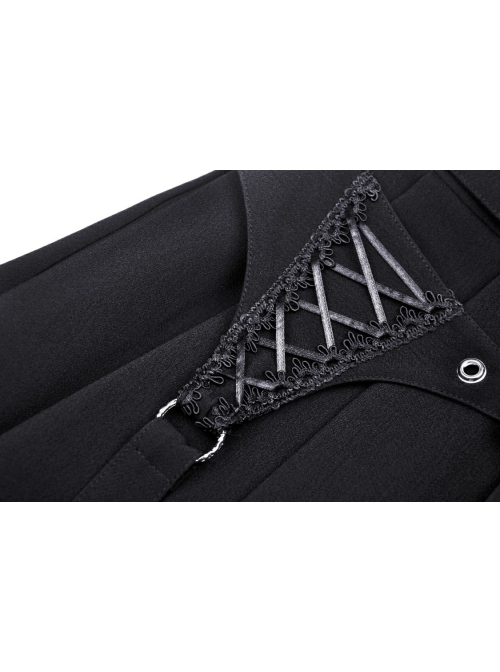 Black Woven Pleated Waist Double Breasted Metal Hoop Suspender Embellished Punk Style Rock Skirt