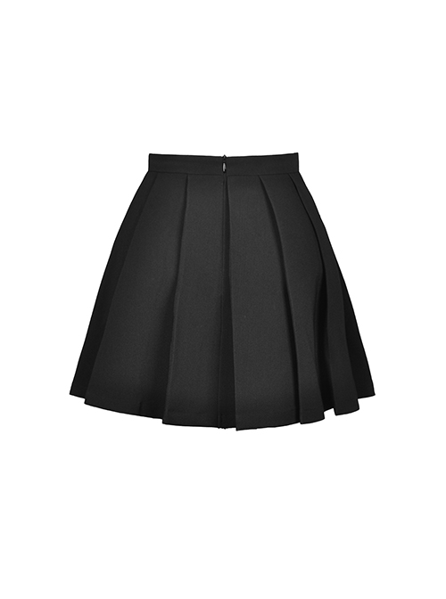 Black Woven Pleated Waist Double Breasted Metal Hoop Suspender Embellished Punk Style Rock Skirt