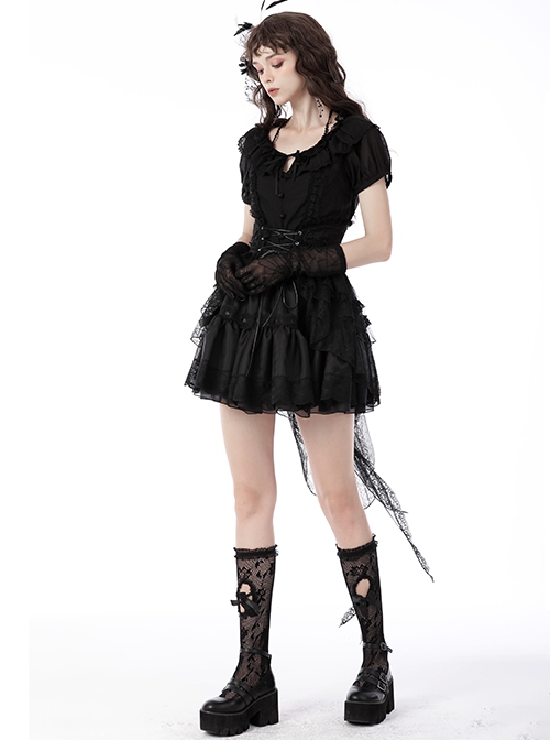 Black Sexy Lace Trailing High Low Hem Gothic Style Rope Waist Skirt