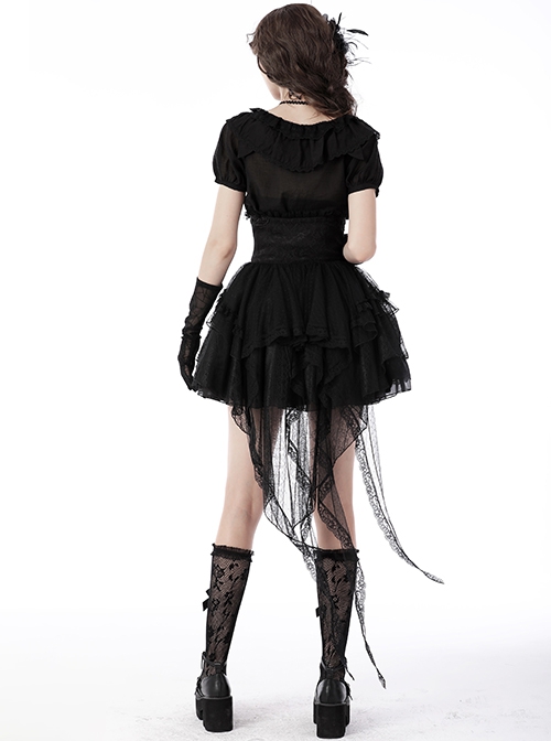 Black Sexy Lace Trailing High Low Hem Gothic Style Rope Waist Skirt