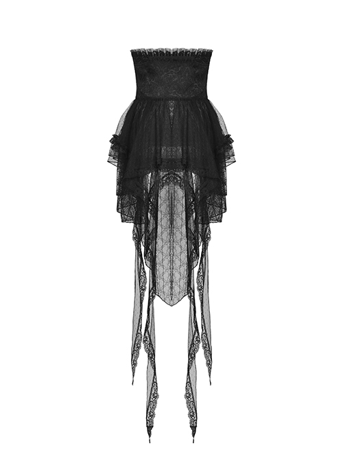 Black Sexy Lace Trailing High Low Hem Gothic Style Rope Waist Skirt
